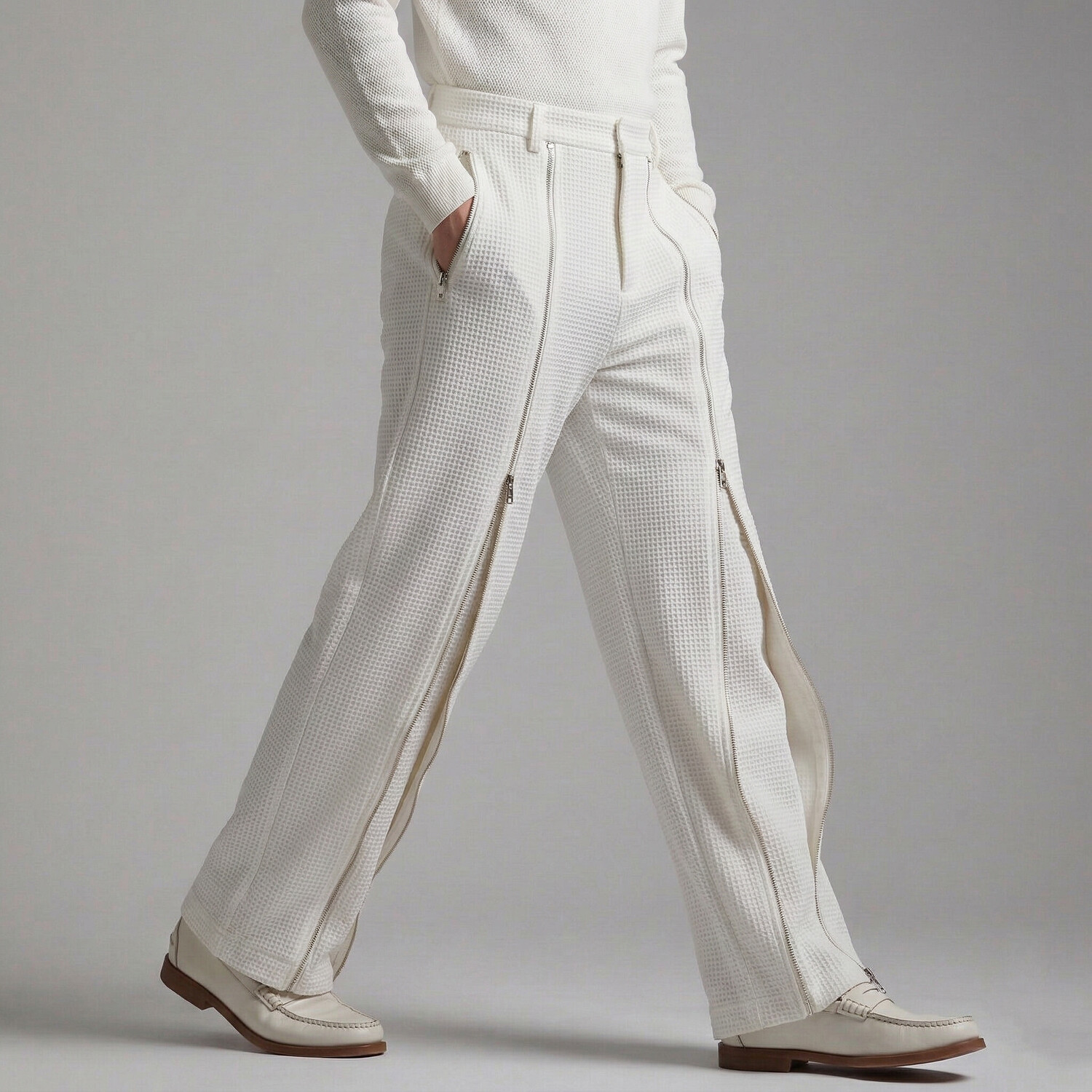 Men's White Waffle Zipper Decor Straight Leg Pants