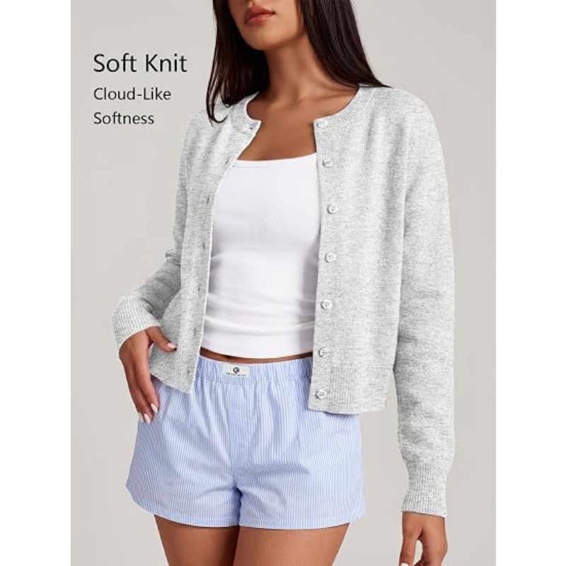 Women Cropped Knit Cardigan Long Sleeve Button Down Crew Neck Lightweight Fall Casual Knit Sweater Outerwear