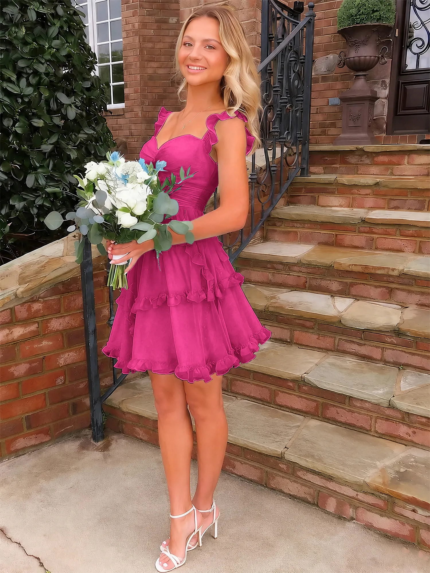Sweetheart Ruffle Strap Tiered Chiffon Mini Homecoming Dress