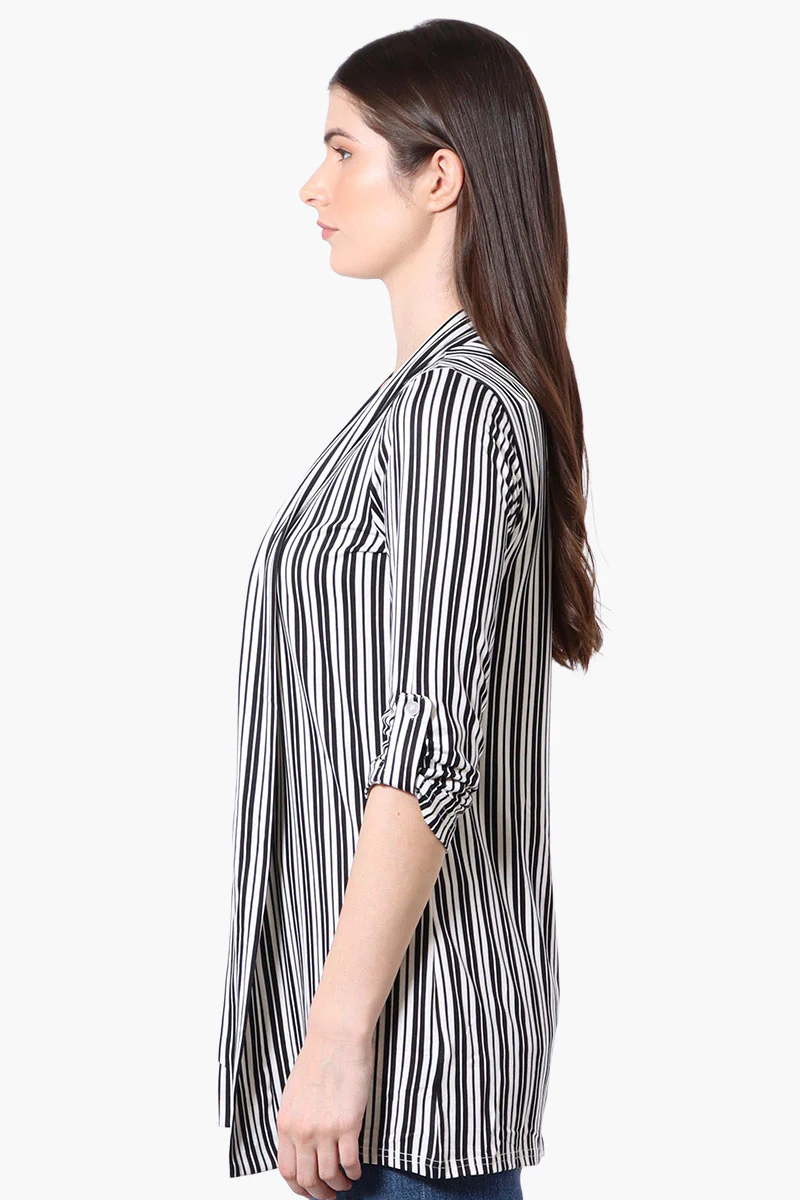 Striped Roll Up Sleeve Wrap Cardigan - White