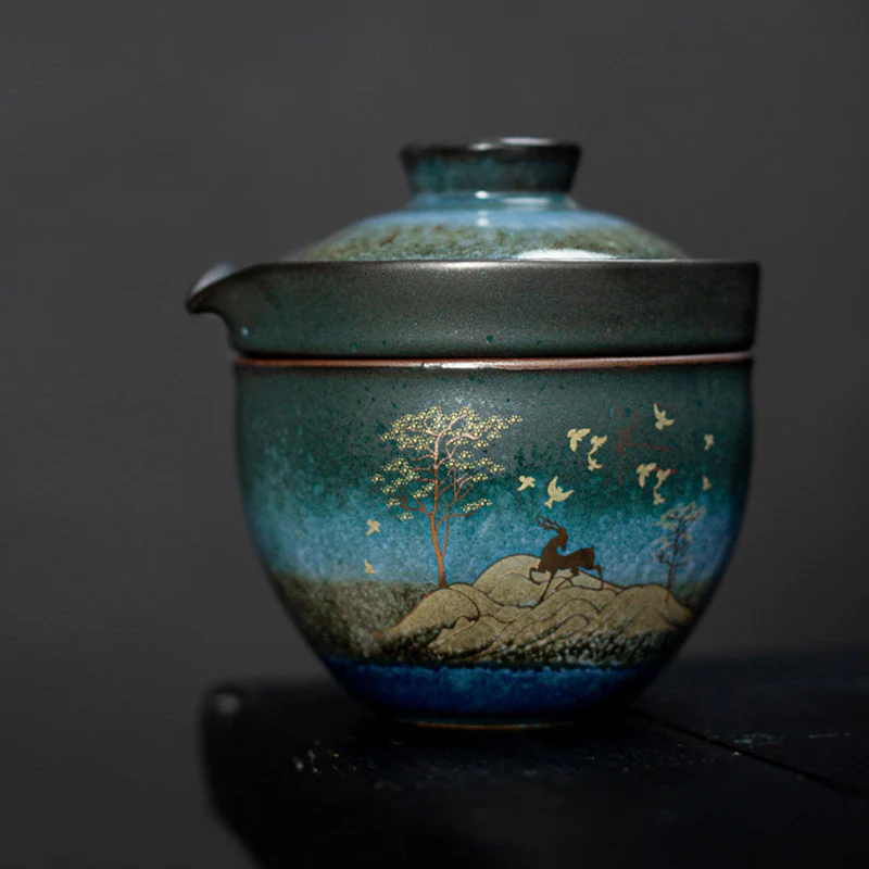 Ceramic Teacup Deer Mountain Trees Lovely Cat Black Tea Cup With Lid and Bag