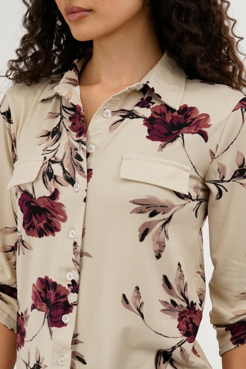 Floral Button Up Blouse - Beige