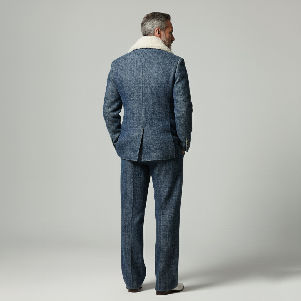 Men's Dark Blue Denim Plush Lapel Long Sleeve Double Breasted Blazer & Jeans 2 Pcs Set