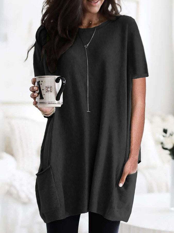 Solid Color Short Sleeve Casual Pocket T-Shirt