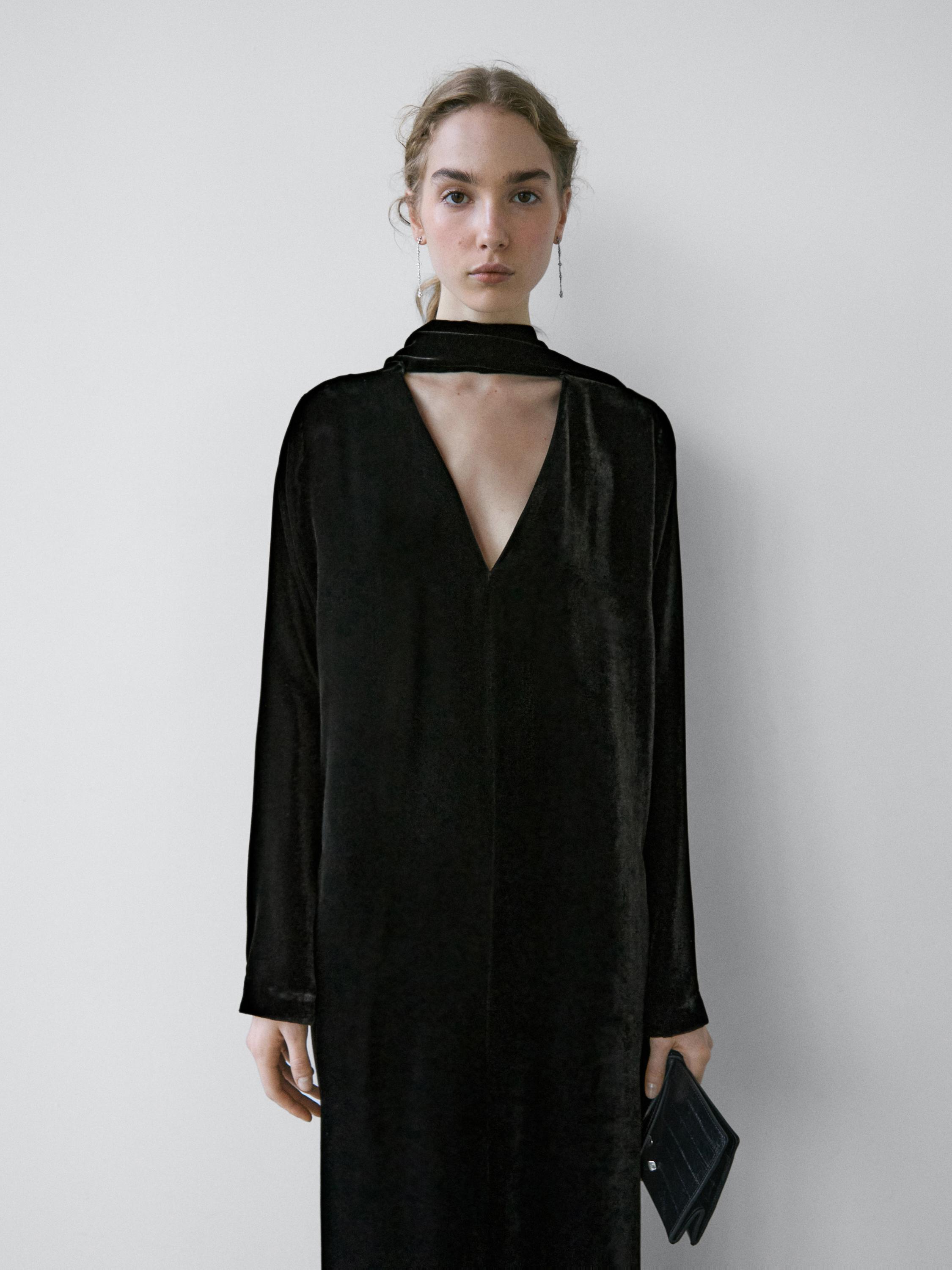 Vestido largo terciopelo cuello lazada - STUDIO
