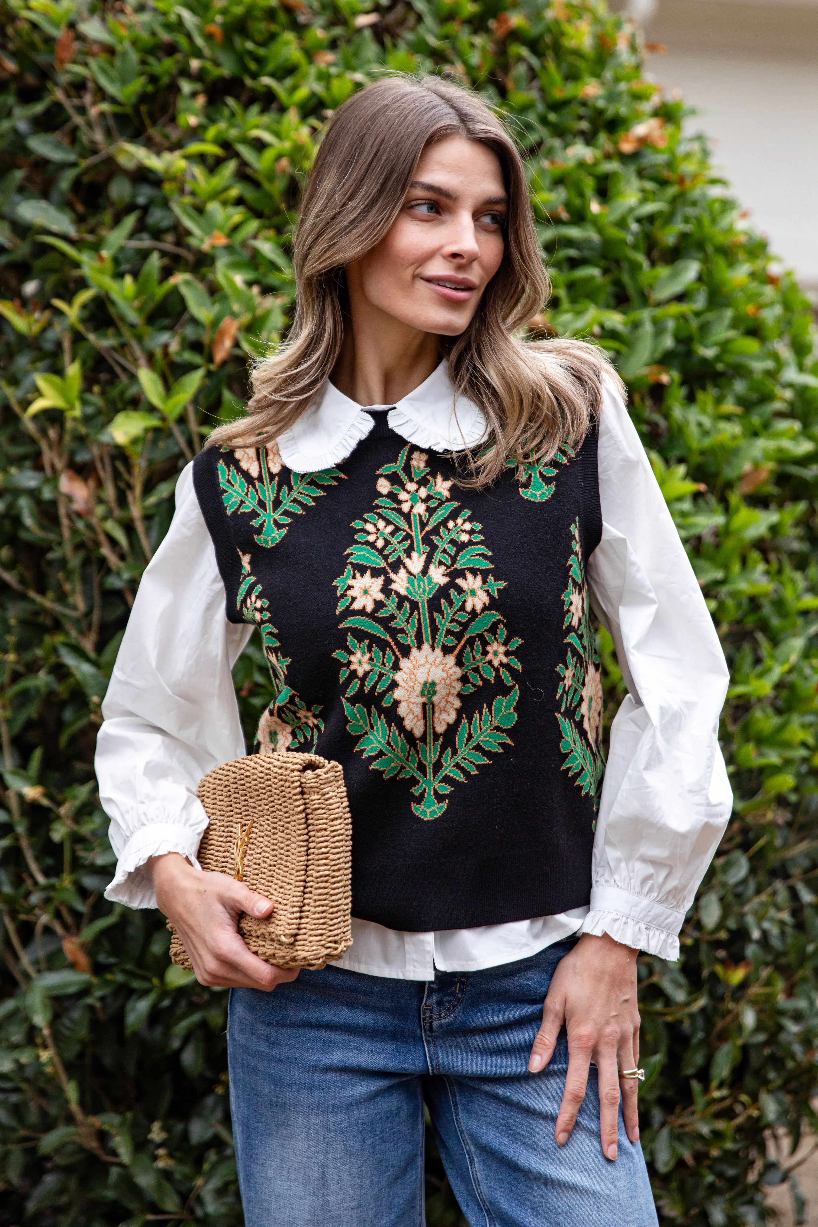 Evergreen Botanical Print Black Knit Vest