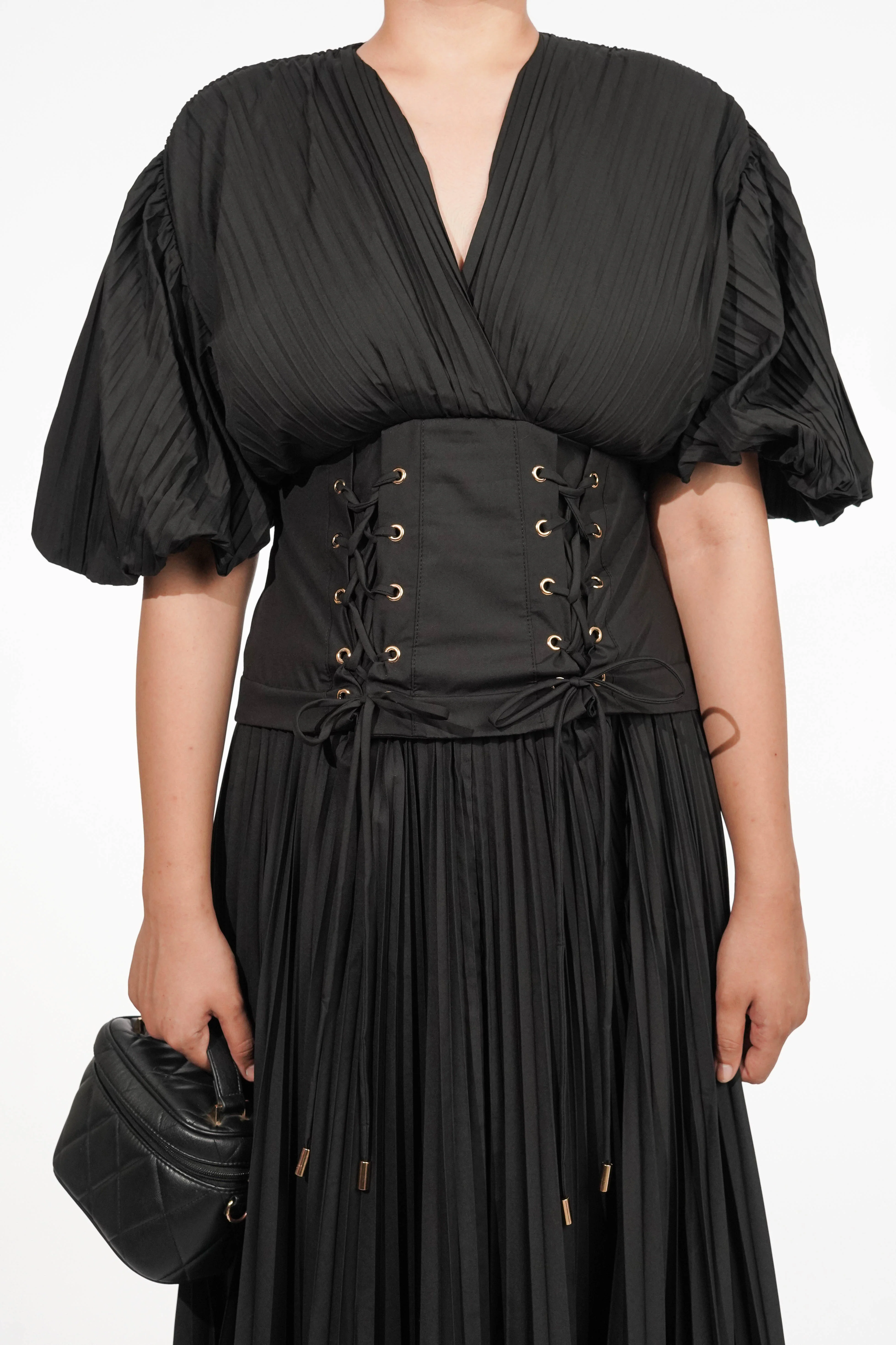 Black Pleated Tie-up Dress