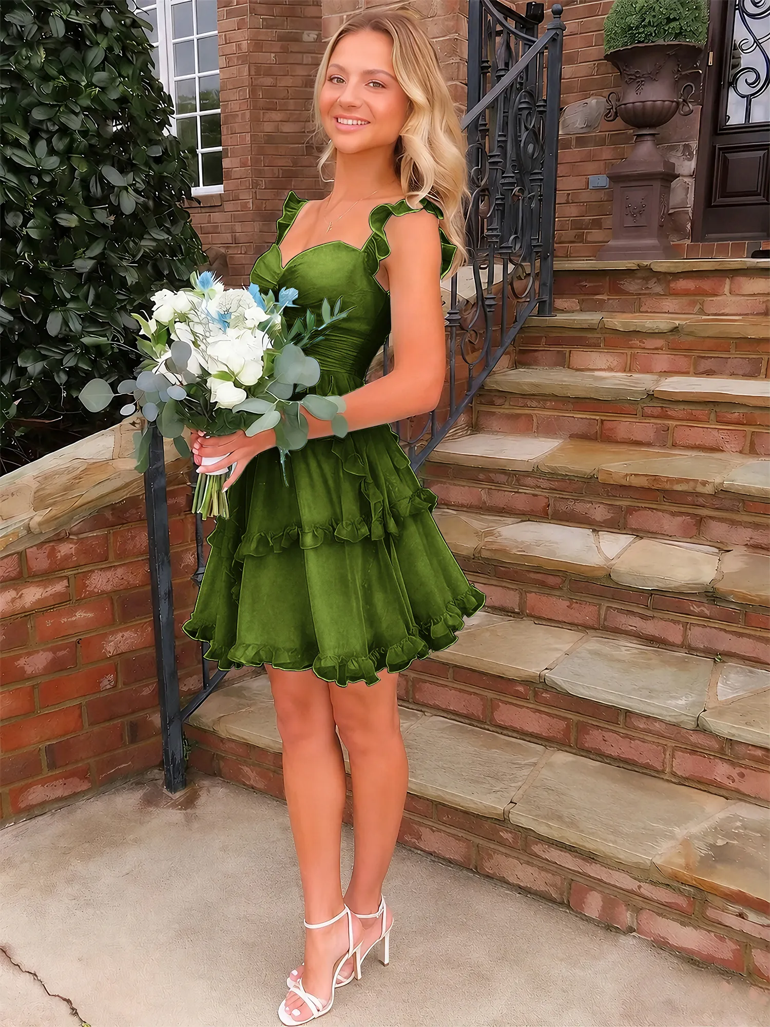 Sweetheart Ruffle Strap Tiered Chiffon Mini Homecoming Dress