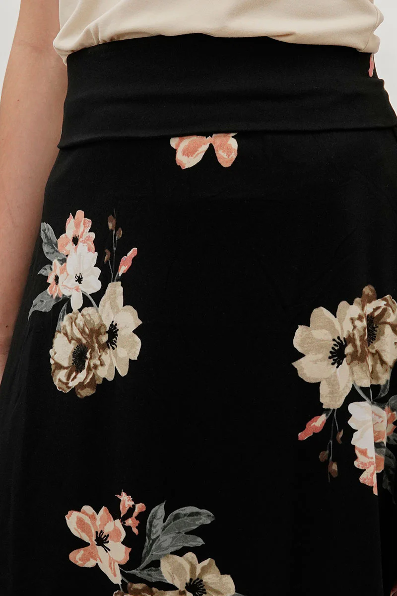 Floral Fold Over Midi Skirt - Black