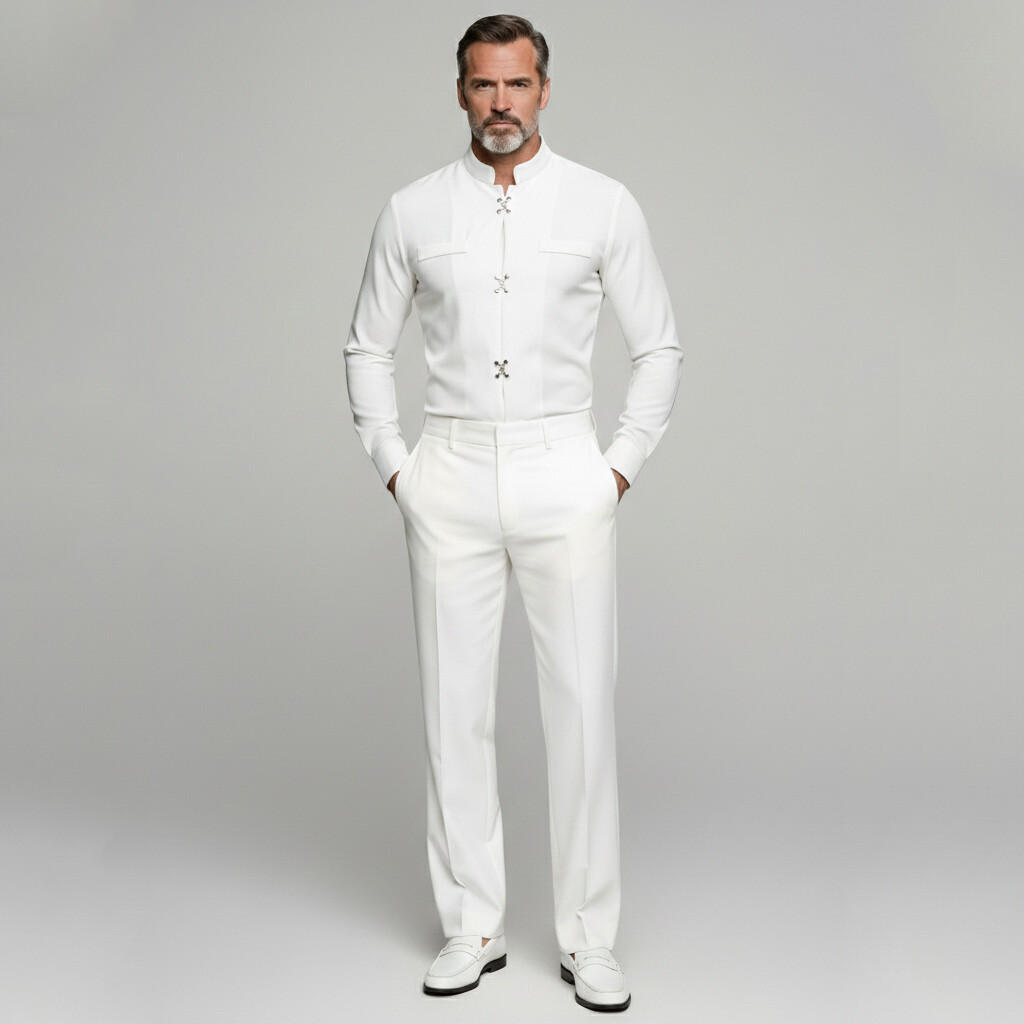 Men's Solid Stand Collar Metal Button Long Sleeve Shirts