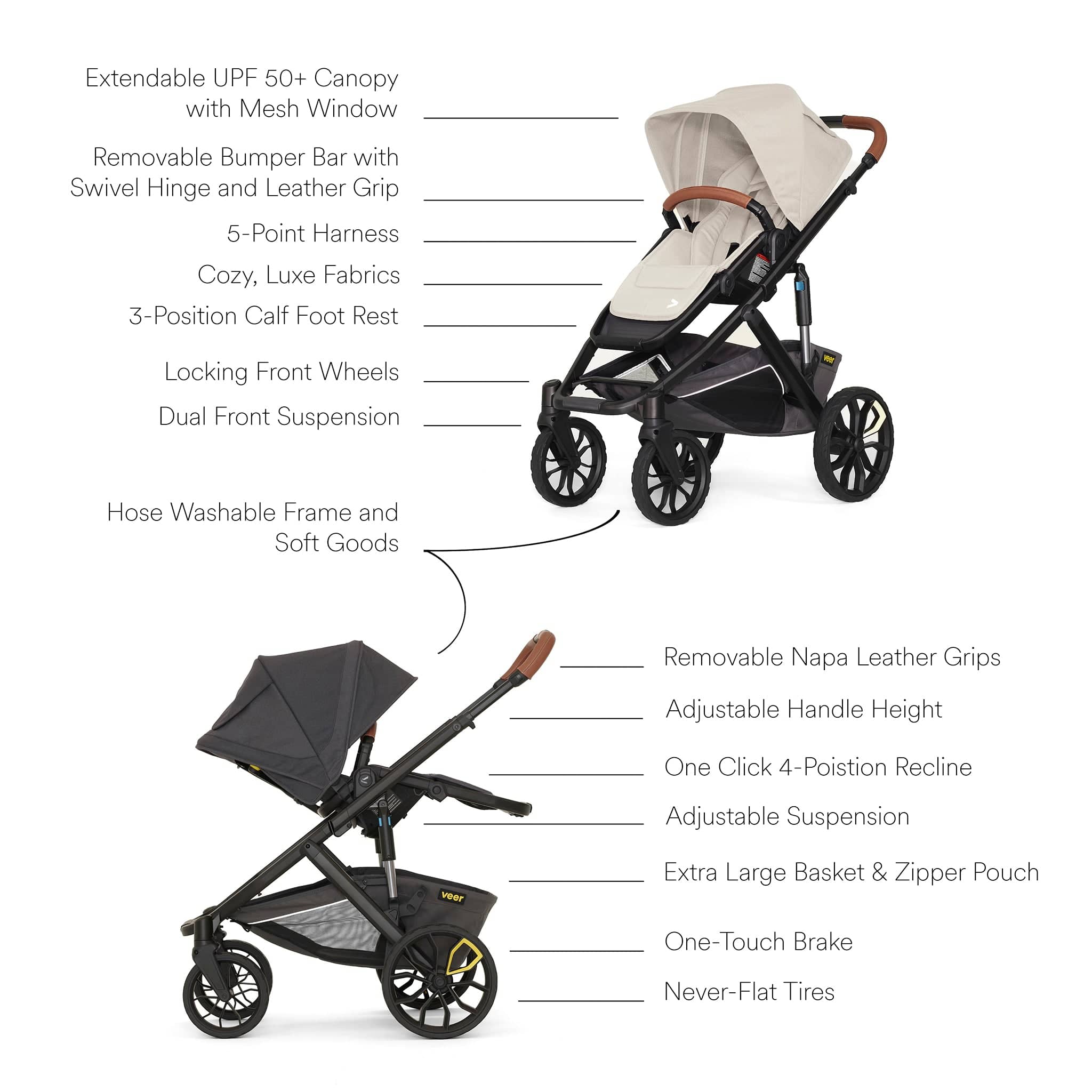 Veer Switch&Roll Luxe Single-to-Double Stroller Bundle with Leather Kit - Natural