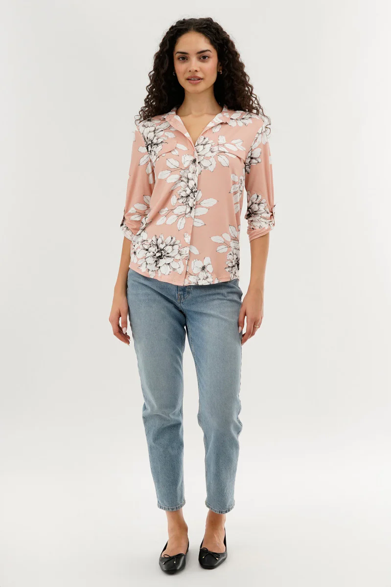 Floral Button Up Blouse - Peach