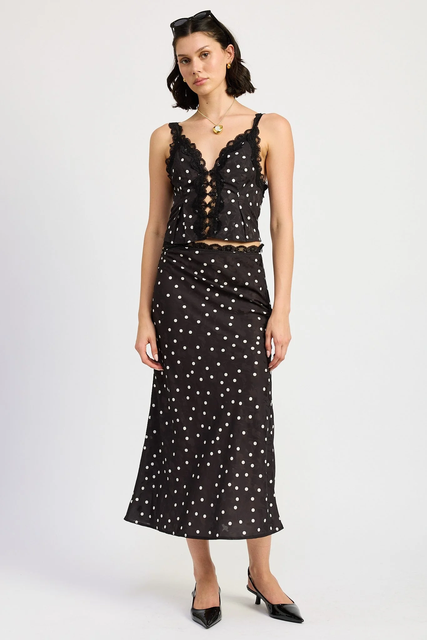 Polka Dot Satin Midi Skirt with Lace Trim
