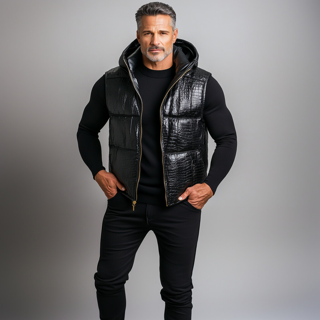Men's PU Leather Crocodile Pattern Zipper Hooded Vest