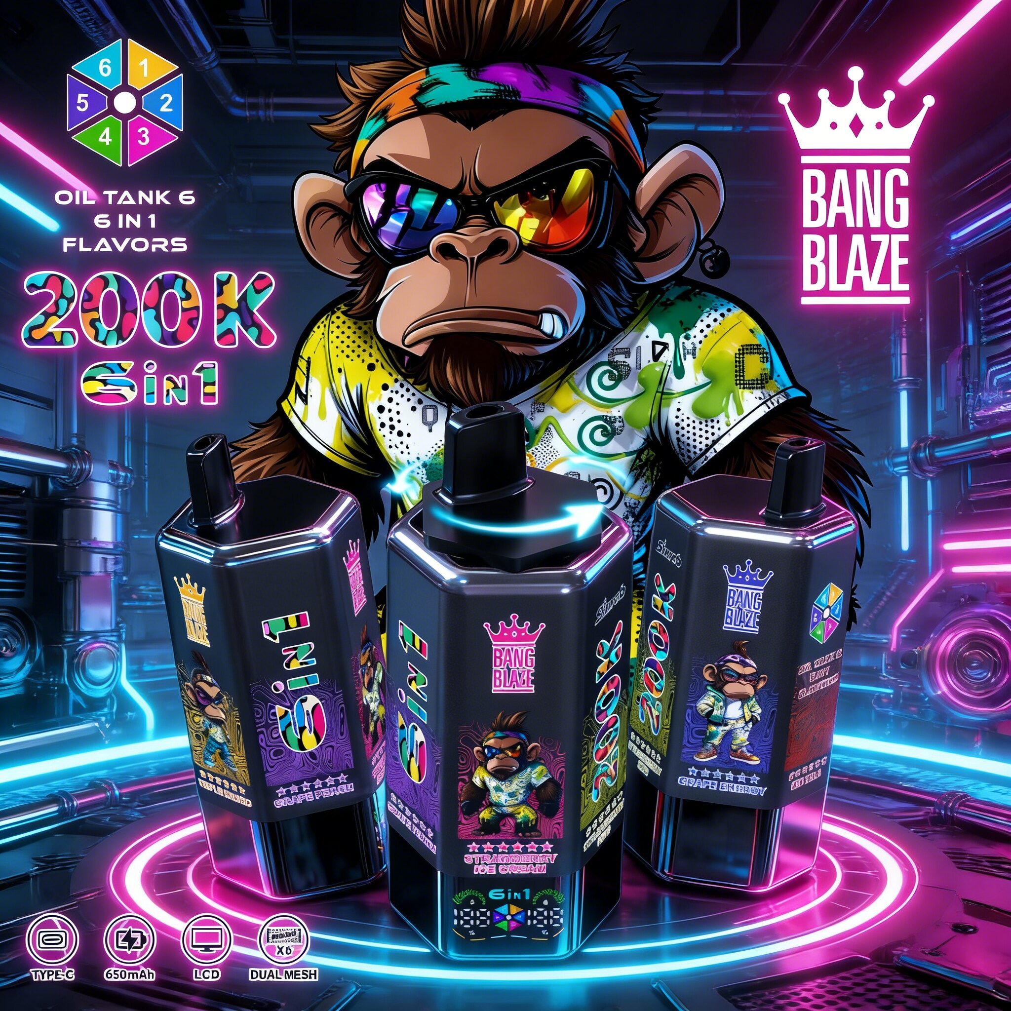 🐵 Bang Blaze 200K Puffs 6 in 1 Flavors Disposable Vape