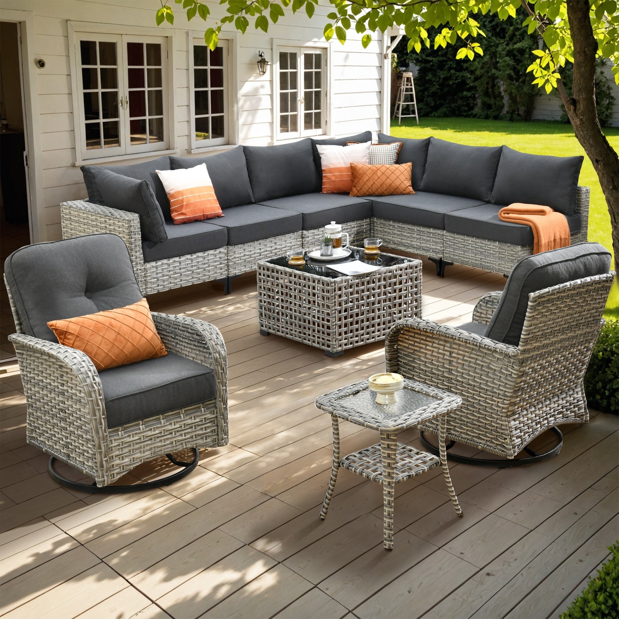 XIZZI 10-piece Patio Furniture Wicker Sectional Set with Swivel Chair