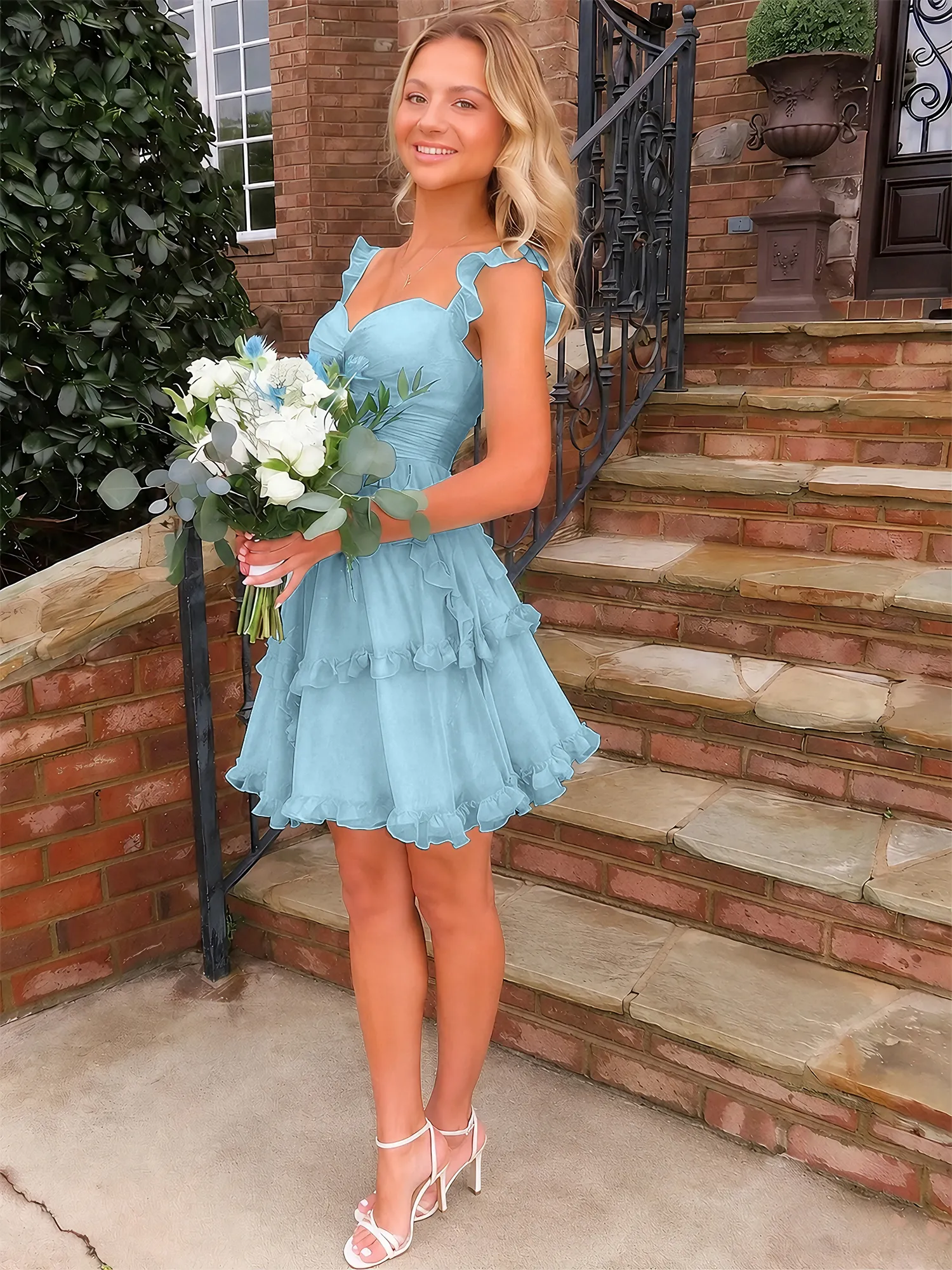 Sweetheart Ruffle Strap Tiered Chiffon Mini Homecoming Dress