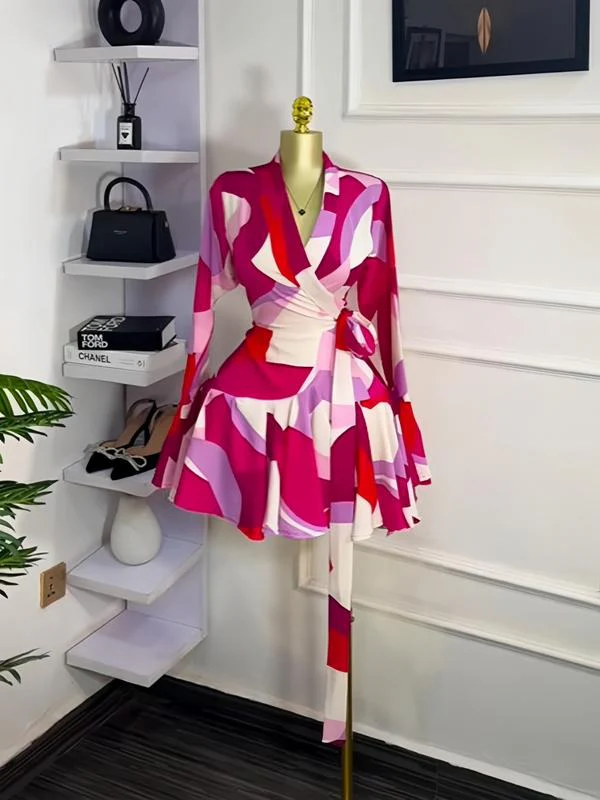 Women's Tie-Dye Print Flare Long Sleeve Dress, V-Neck Bow Hem, Fall Winter Wear, Elegant Vacation Party Birthday Dress