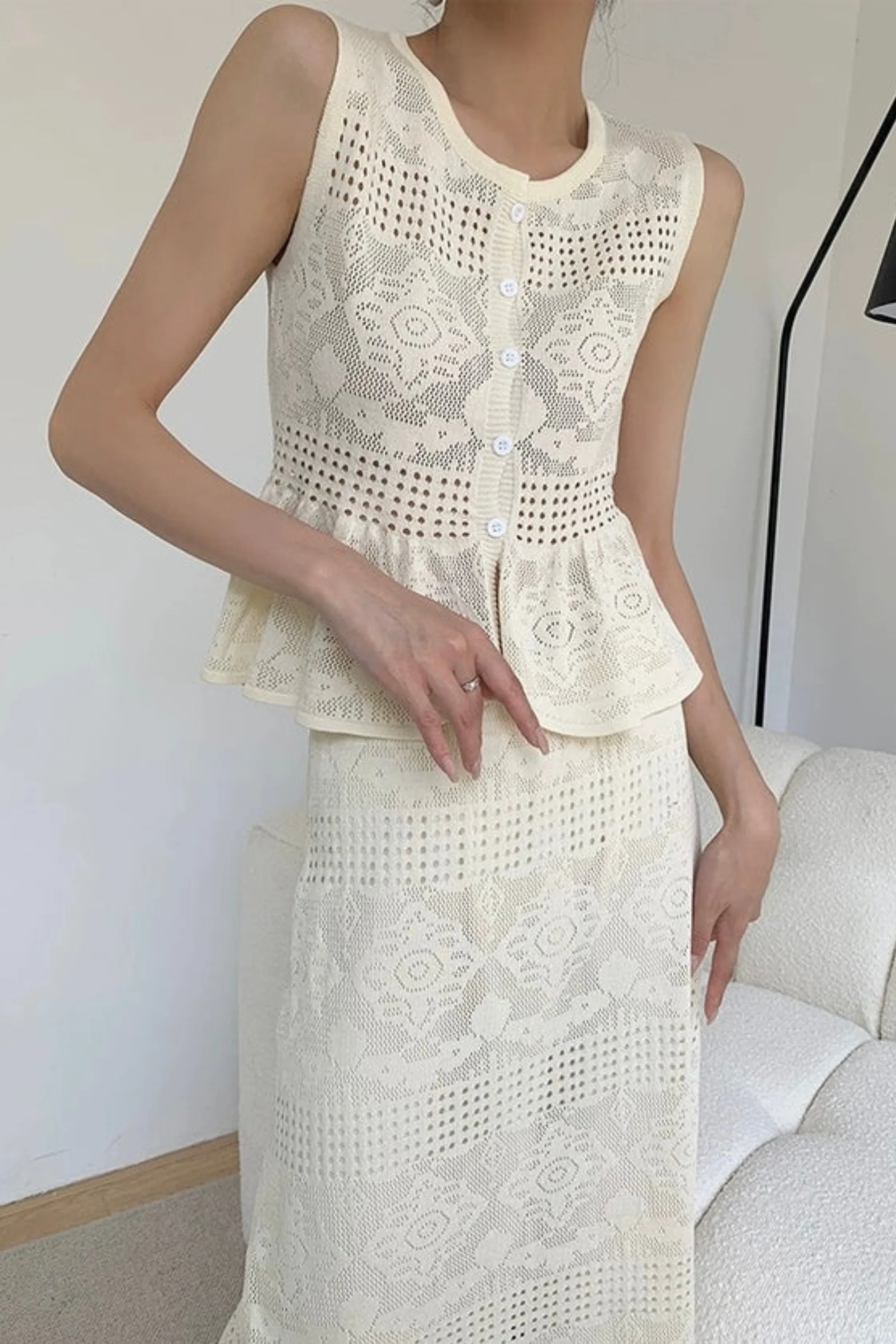 Ivory Crochet Knit Skirt Coord set