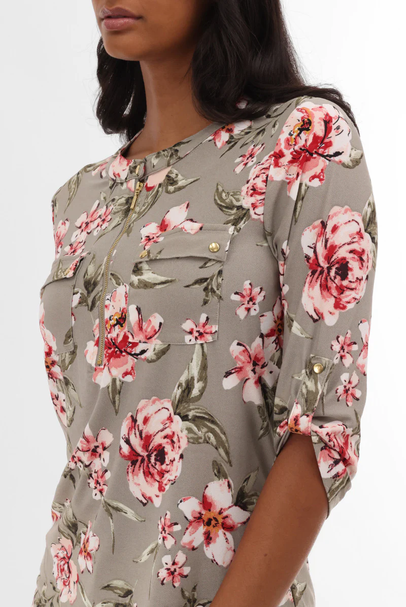 Floral Half Zip Blouse - Olive
