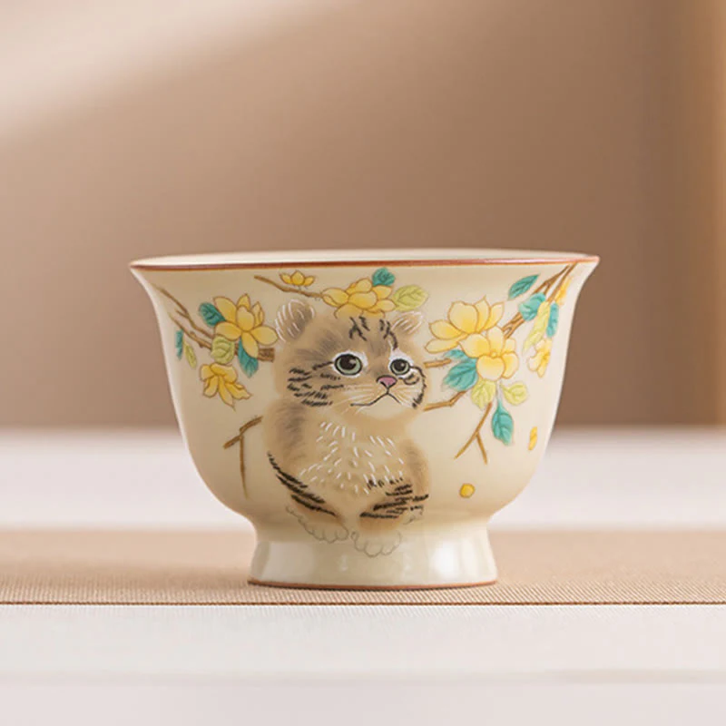 Cute Cat Yellow Flowers Rabbit Teacup Kung Fu Tea Cup