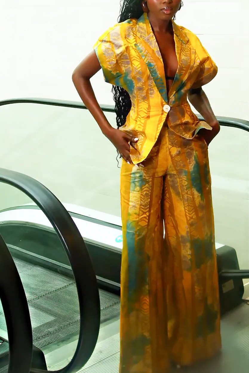 Ethnic Print Short-Sleeve Blazer Pants Set