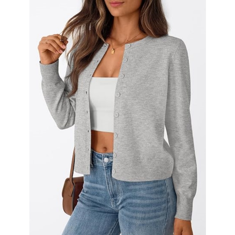 Women's Lightweight Crew Neck Knit Cardigan Long Sleeve Button Down Cropped Knit Outerwear