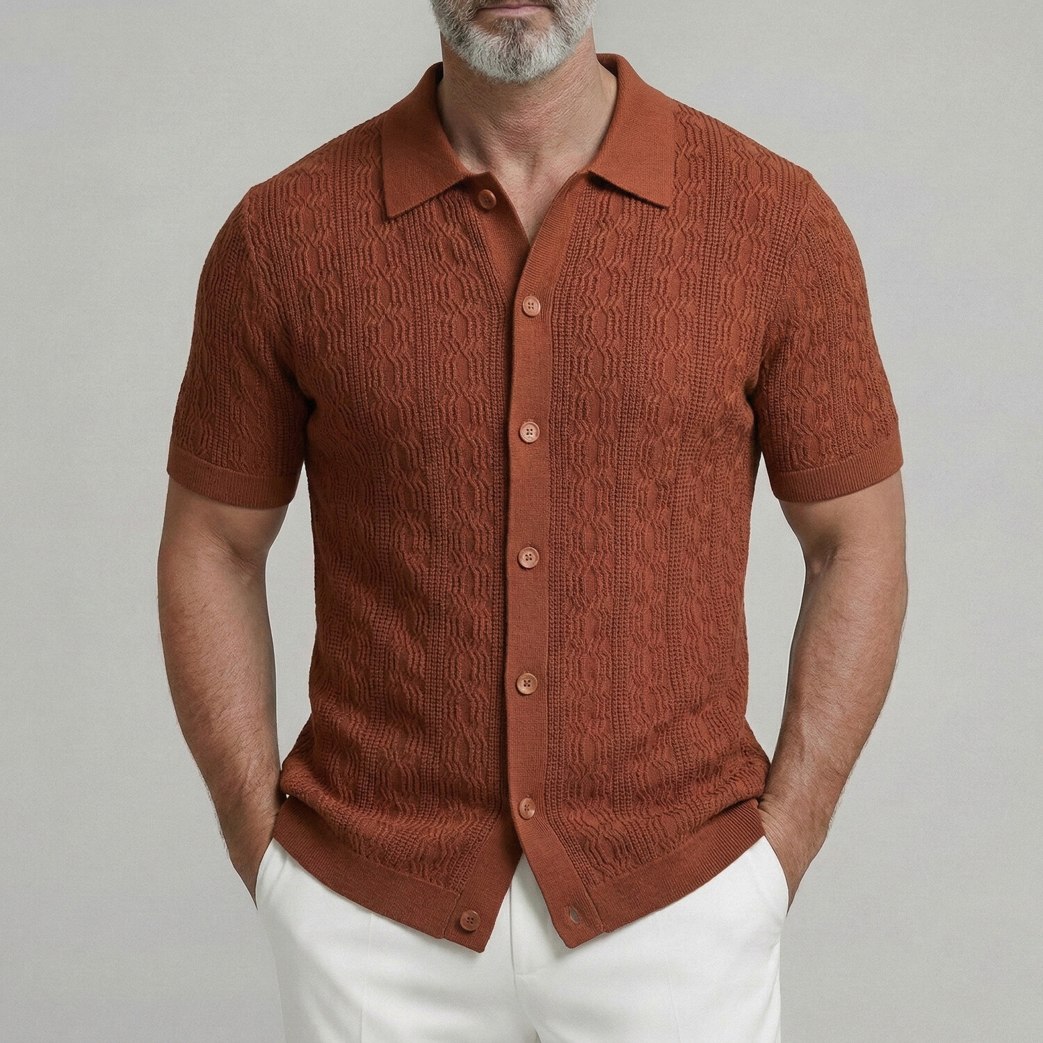 Men's Breathable Short Sleeve Single Breasted Texture Knit Shirt