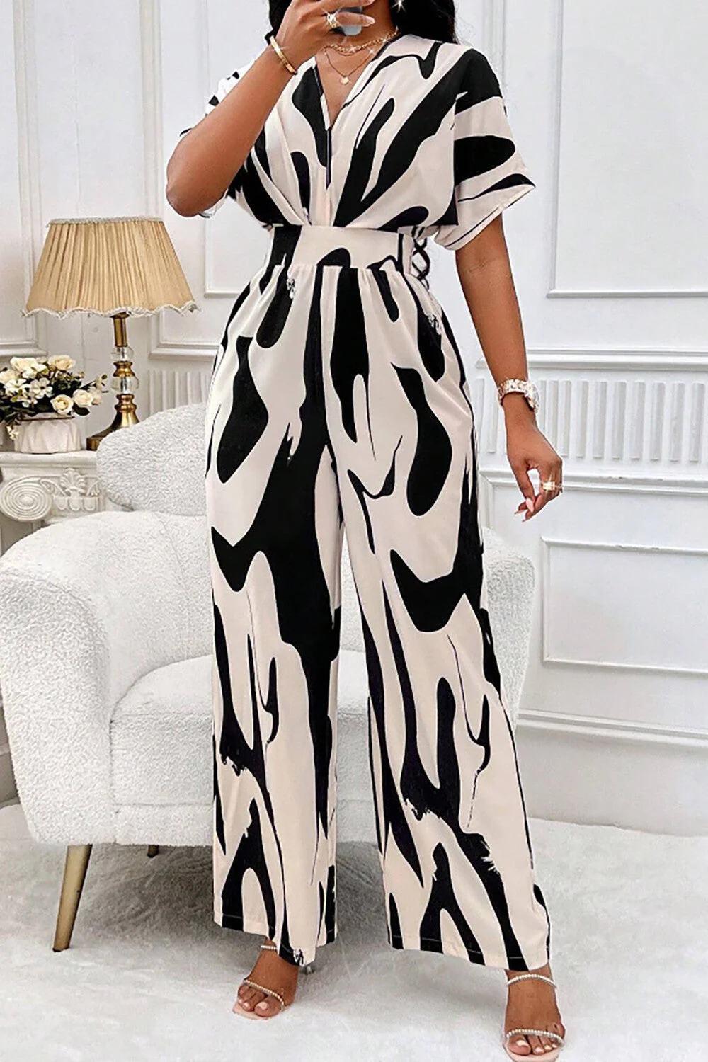 Abstract Print V Neck Short Sleeve High Waist Wide Leg Jumpsuit-Black