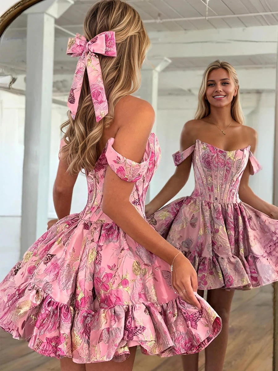 Floral Off-Shoulder Brocade Homecoming Dress with Ruffles