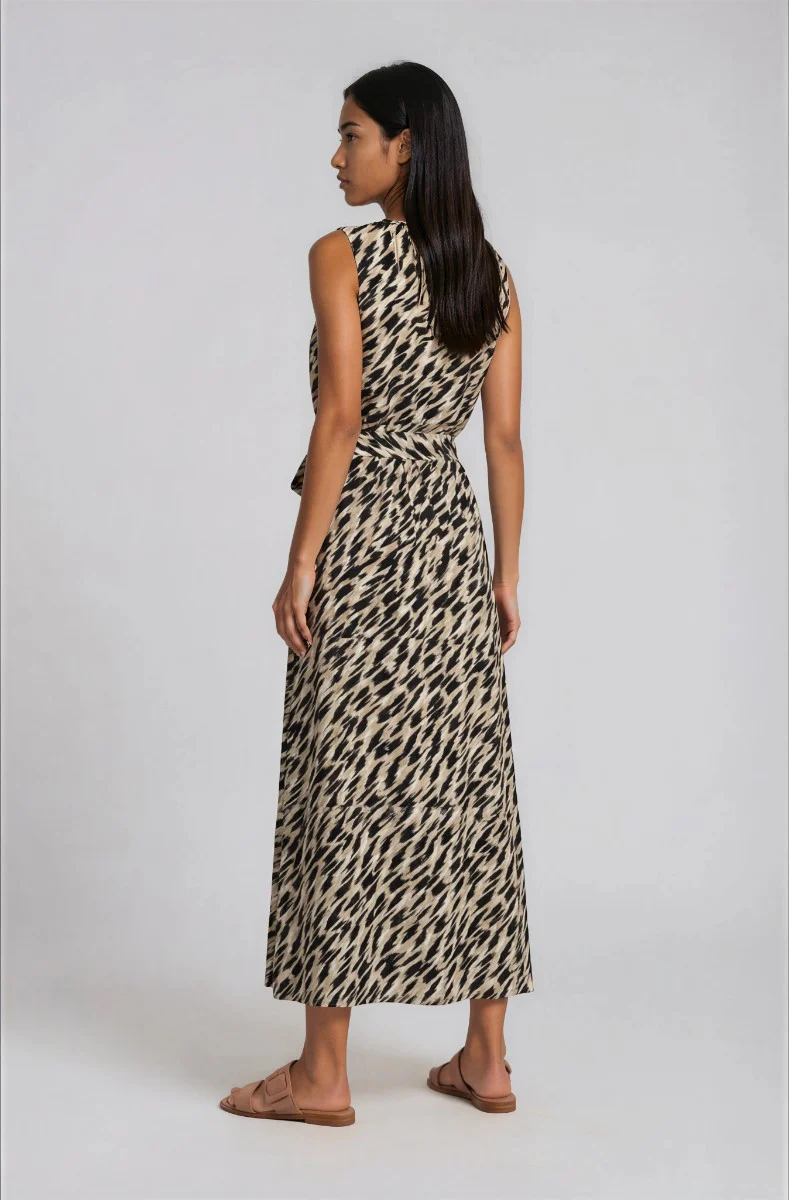 Sleeveless Printed Maxi Dress - Beige