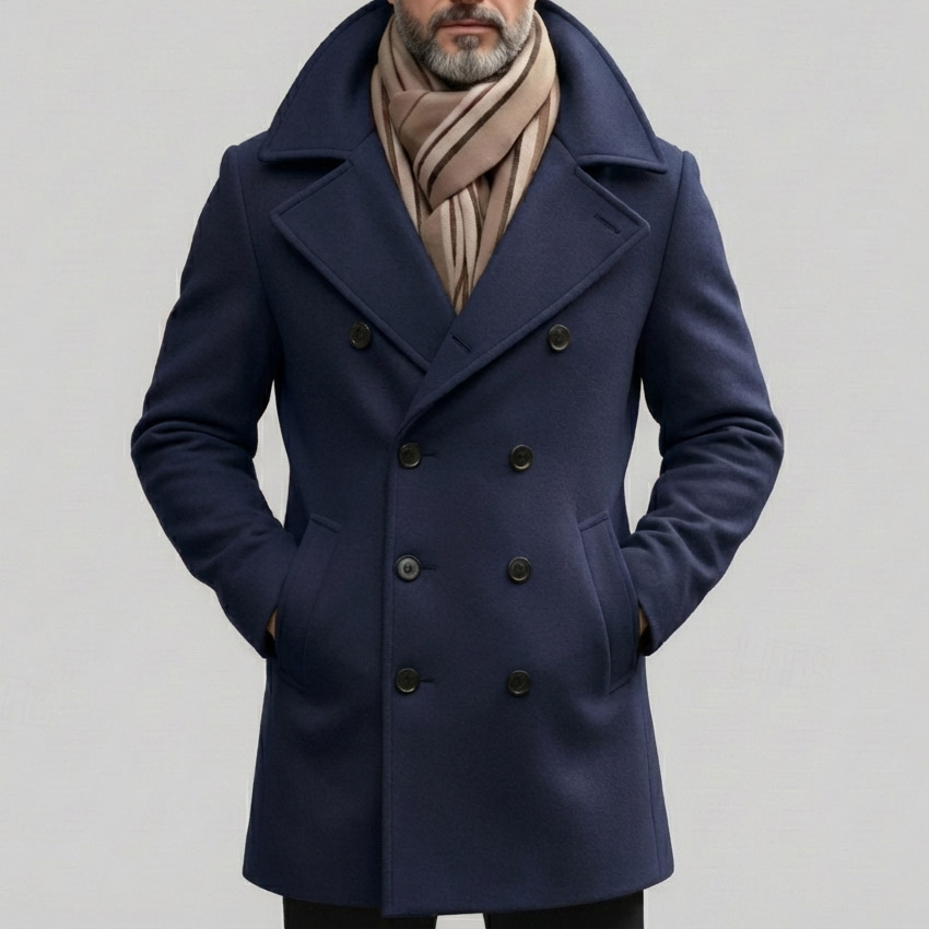 Men's Business Casual Lapel Collar Double Breasted Long Sleeve Pocket Trench Coats