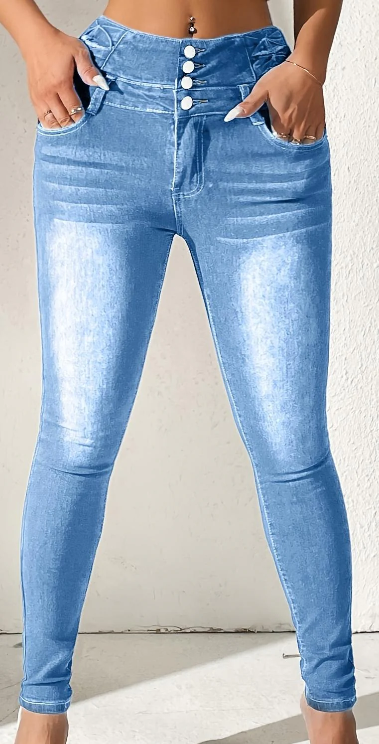 Women's Denim Button High Waist Washed Skinny Trousers
