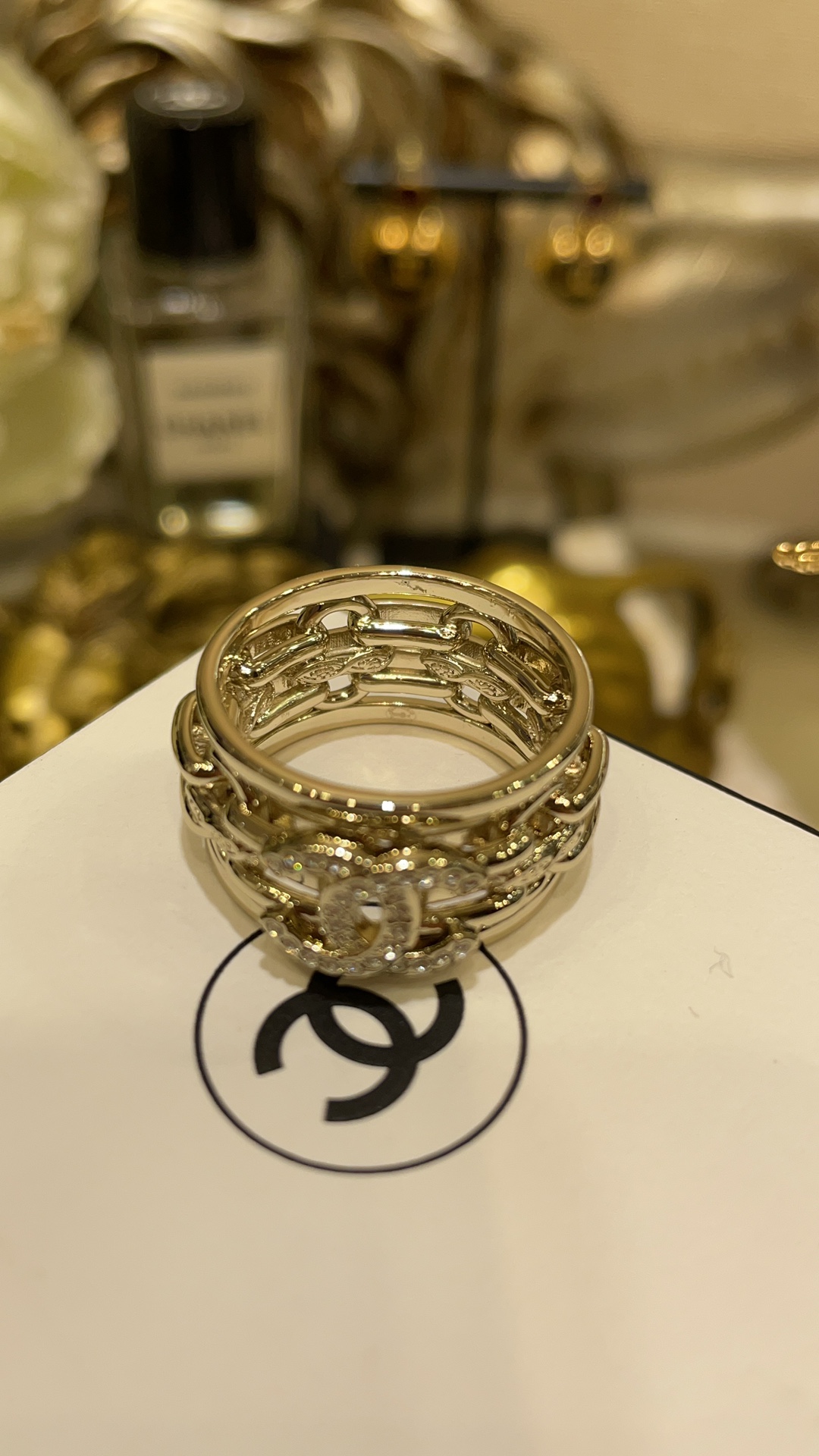 Chanel 25K Hollow Chain Crystal Ring