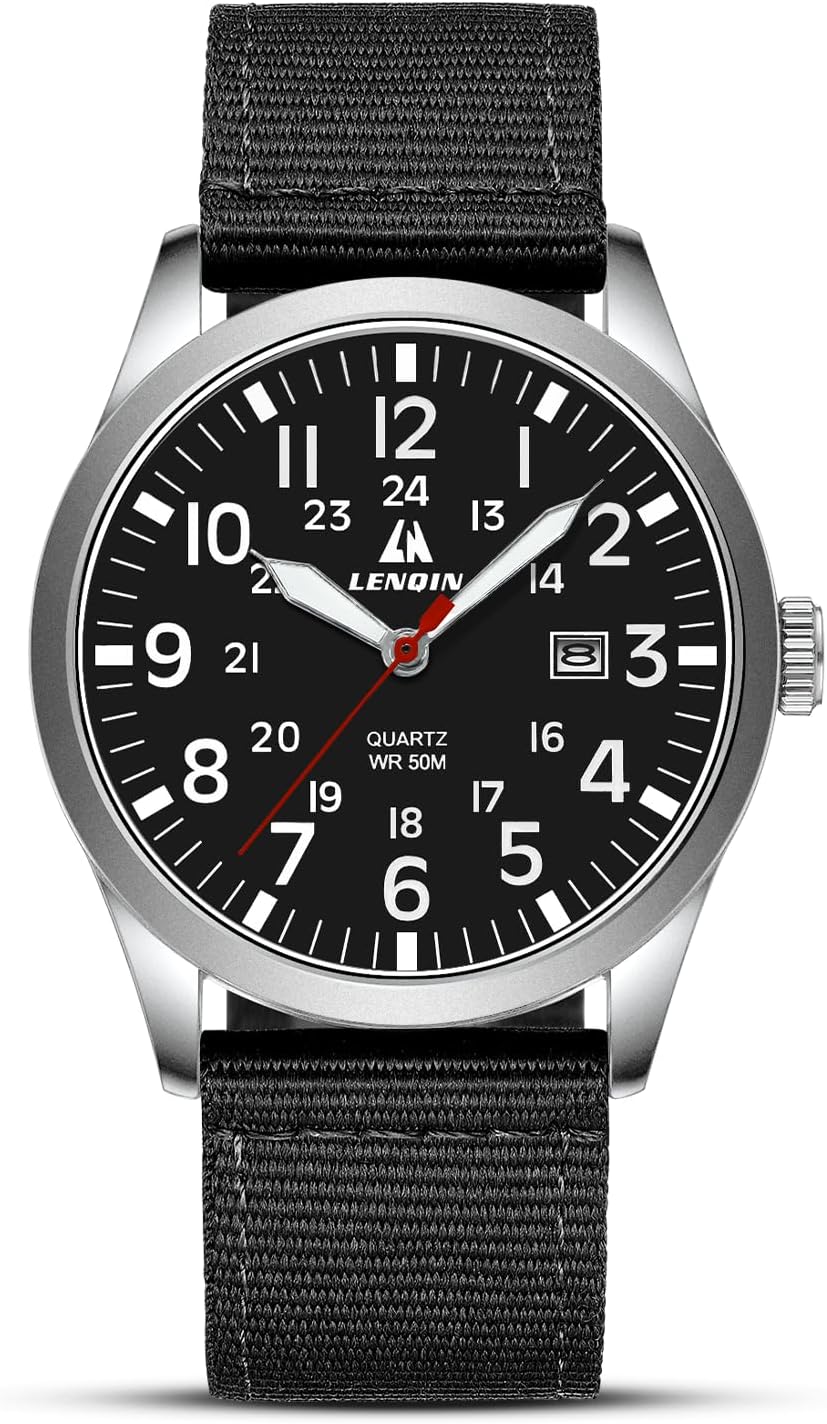 LN LENQIN Mens Watches Military Sport Analog Quartz Watch for Men | Nylon Strap Stylish Luminous Fashion 3ATM Waterproof Army Tactical Casual Wristwatch Unisex Watch for Men With Date