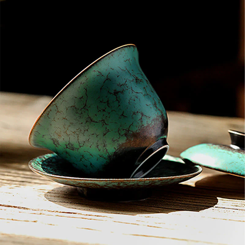 Retro Green Glaze Ceramic Gaiwan Sancai Teacup Kung Fu Tea Cup And Saucer With Lid