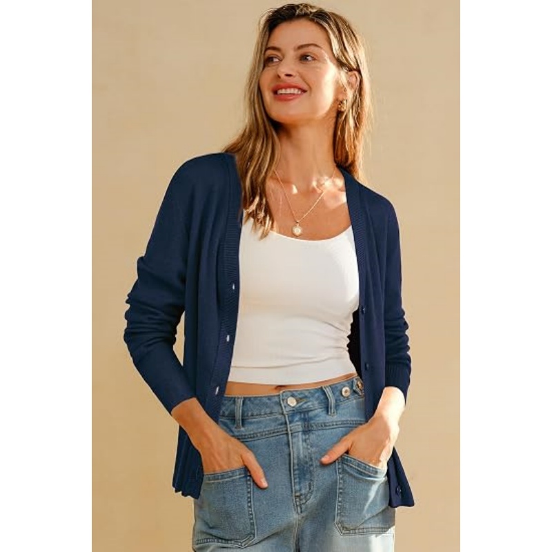 Women Wool‑Blend Button‑Down Knit Cardigan V‑Neck Long Sleeve Cropped Business Casual Fall Knit Outer Top