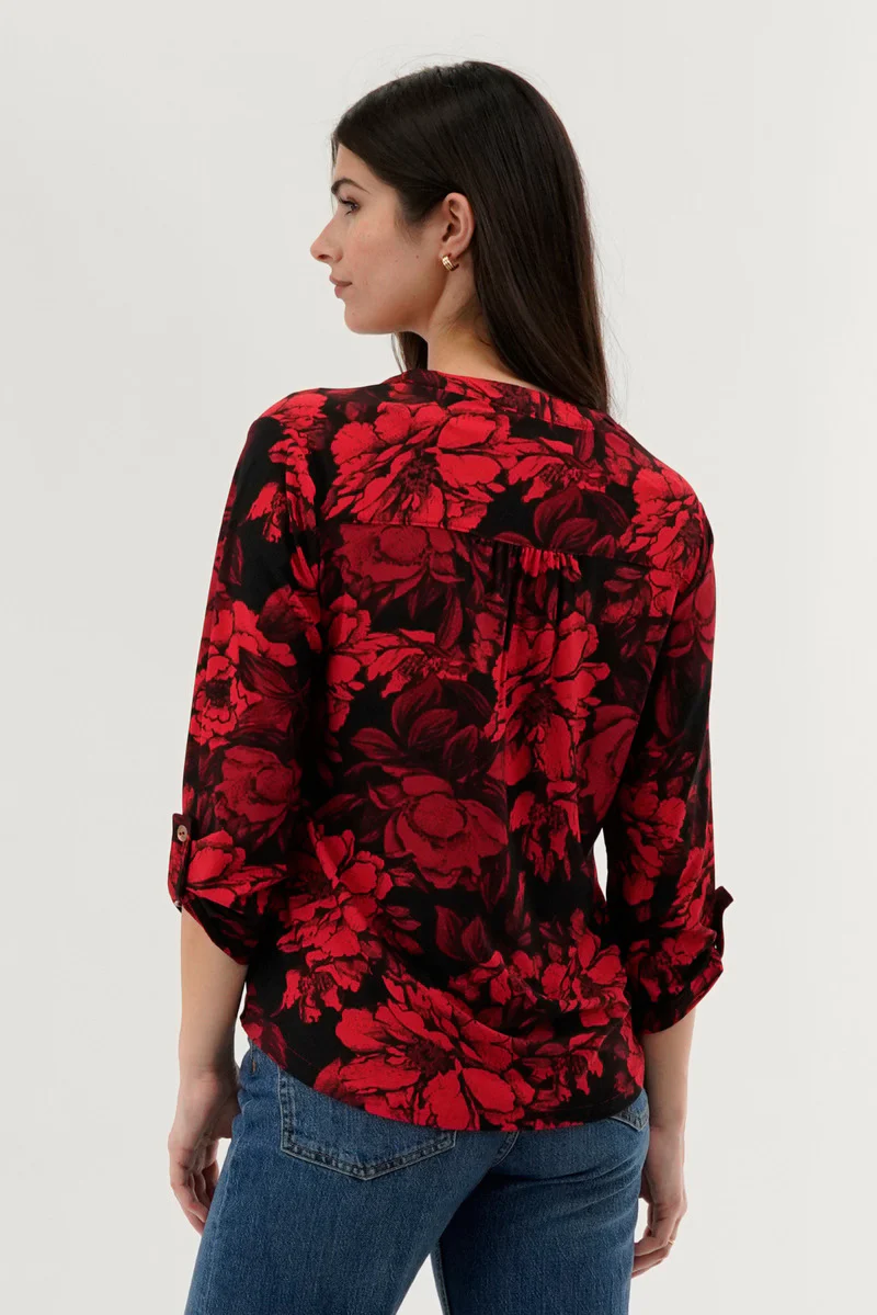 Floral Split Neck Blouse - Red