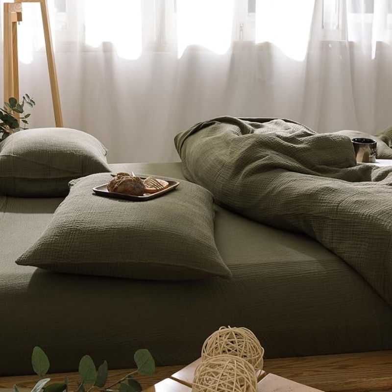 Olive Green Waffle Weave Duvet Cover Set