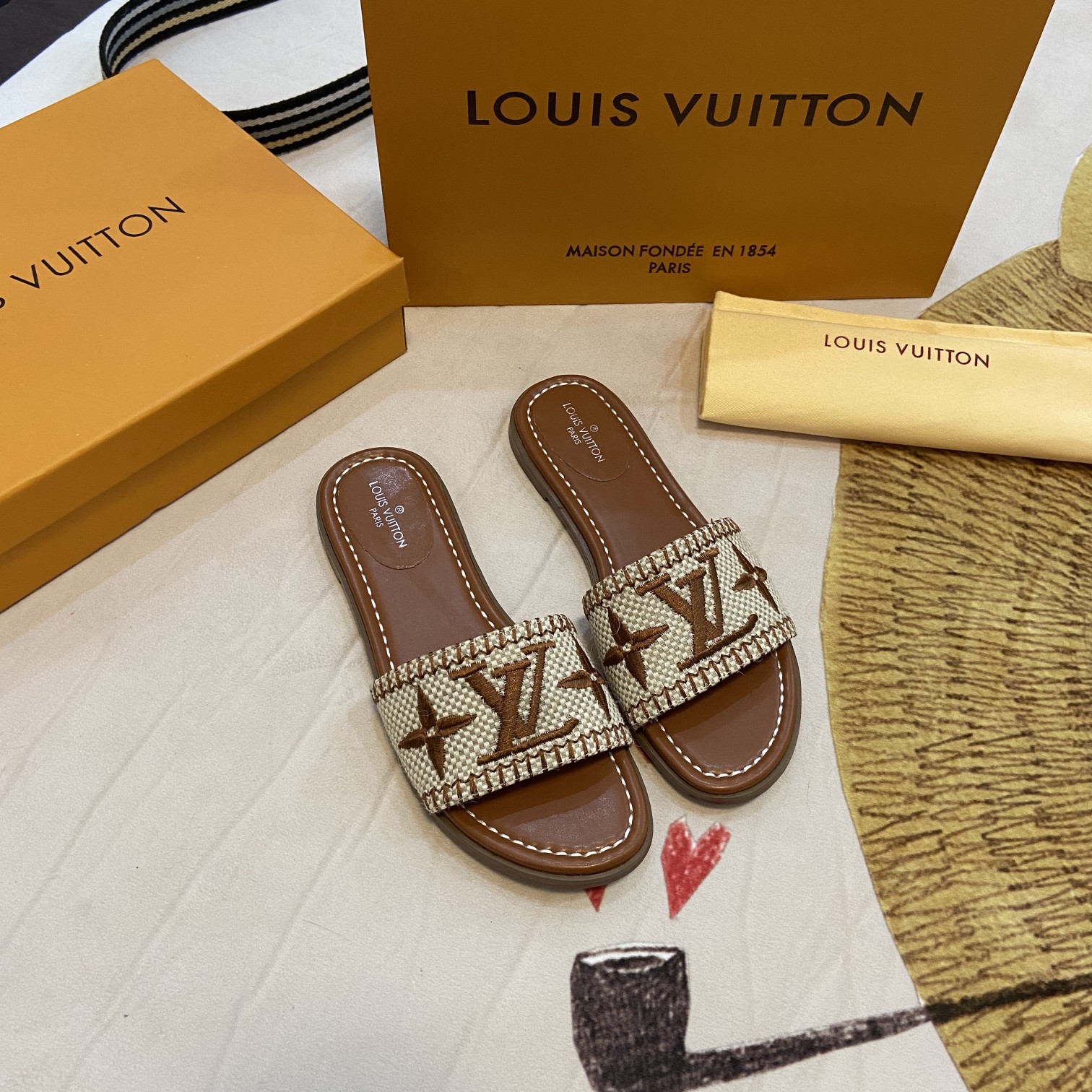 Classic Brown Embroidery Slippers LX-872070