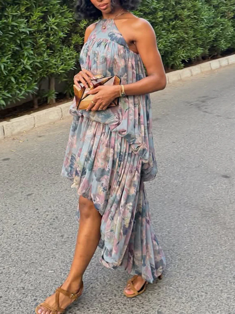 Women Neck Hanging Printed Patchwork Irregular Casual Dress