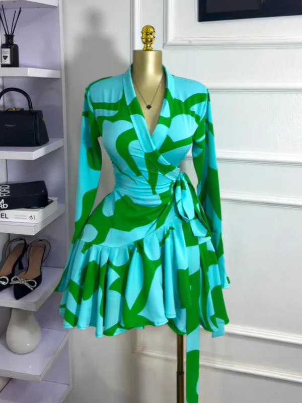 Women's Tie-Dye Print Flare Long Sleeve Dress, V-Neck Bow Hem, Fall Winter Wear, Elegant Vacation Party Birthday Dress