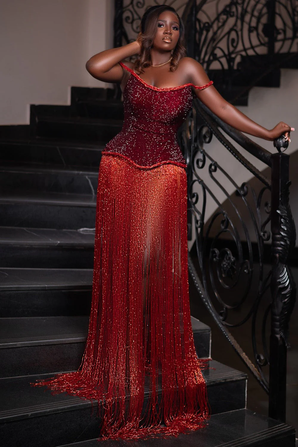 Glitter Off Shoulder Patchwork Fringe Hem Party Maxi Dresses-Red