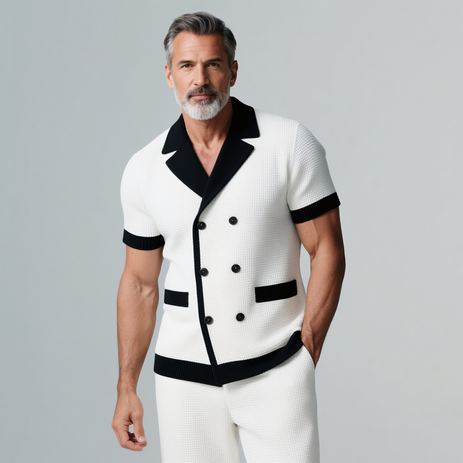 Men's White And Black Contrast Waffle Knit Notch Lapel Double Breasted Short Sleeve Shirt