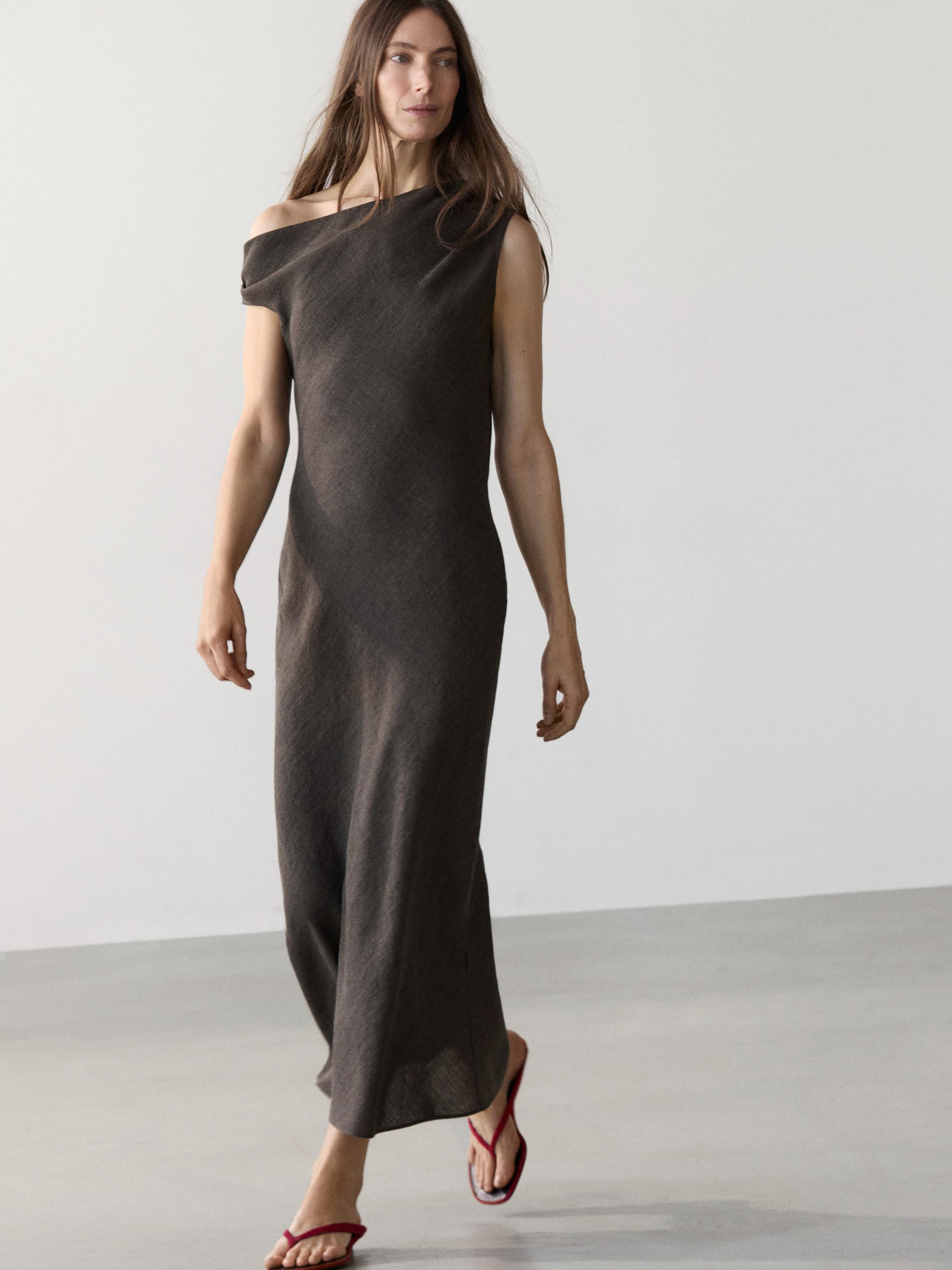 Vestido midi detalle hombro 100% lino