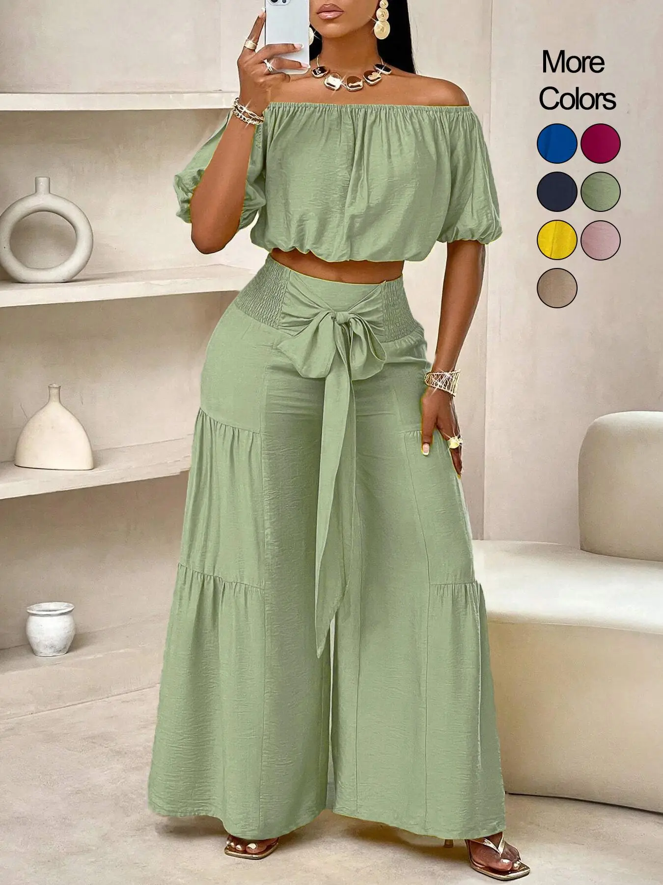Summer Beach Vacation Bow Shoulderless Round Neck Shirt Wide Leg Pants Set, Casual Loose-Fitting, Women's Fashion, Womenswear