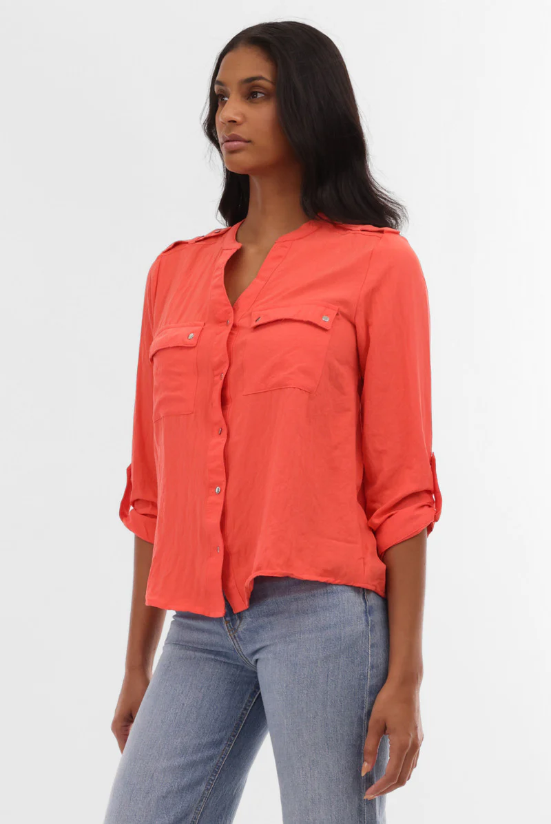 Roll Up Sleeve Utility Pocket Blouse - Coral