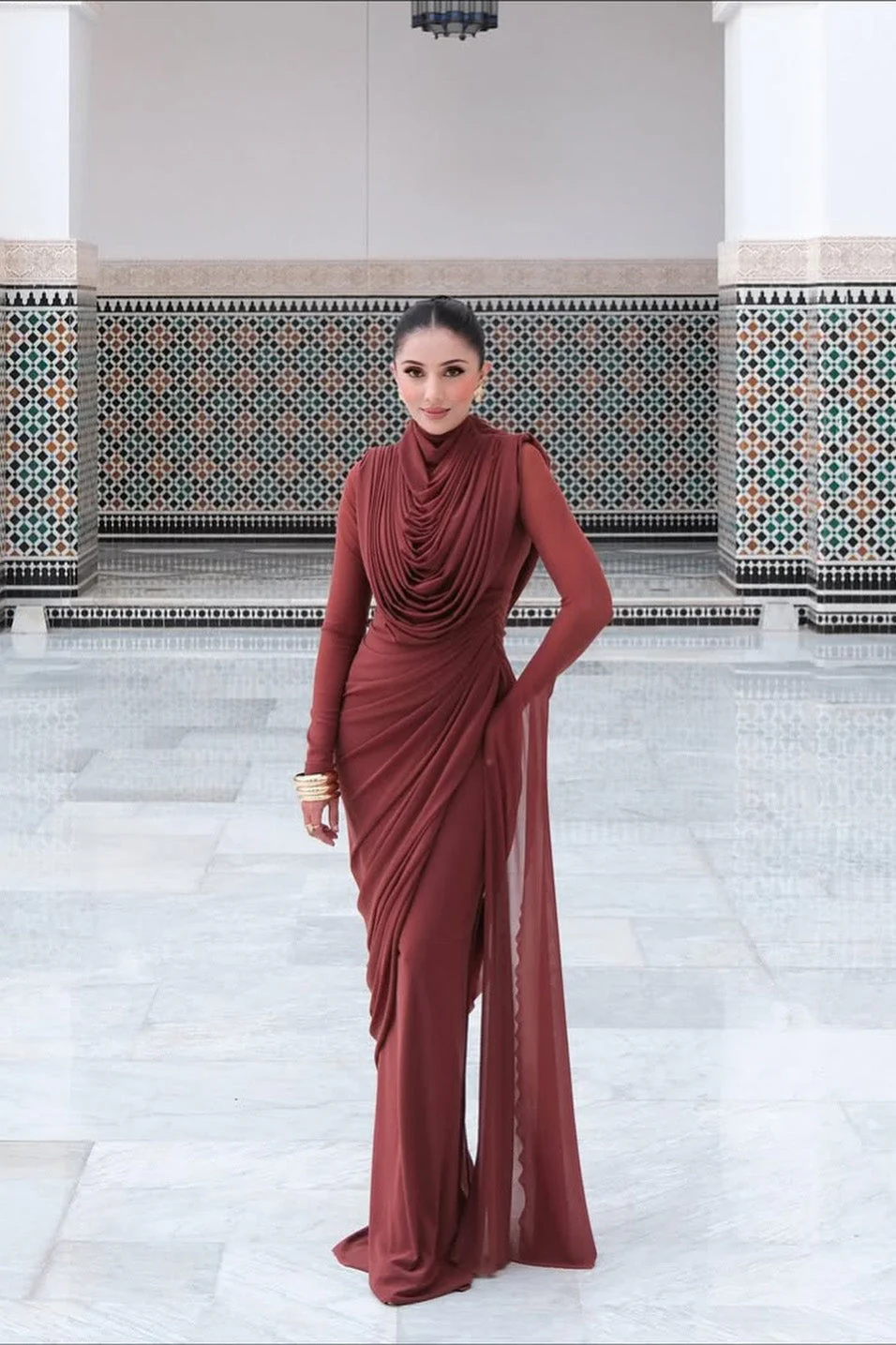 Sophisticated Terracotta Pleated Maxi Dress