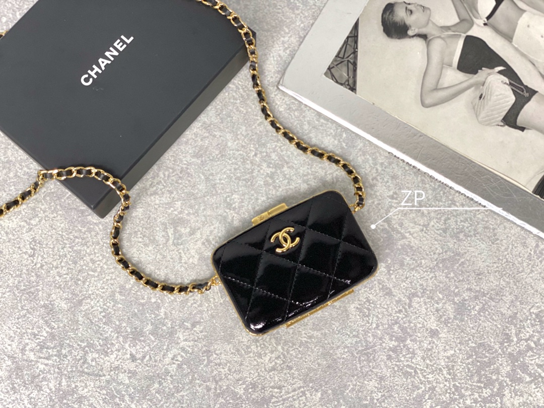 Chanel Framed Box Mini Quilted Patent Leather Chain Clutch Bag Black