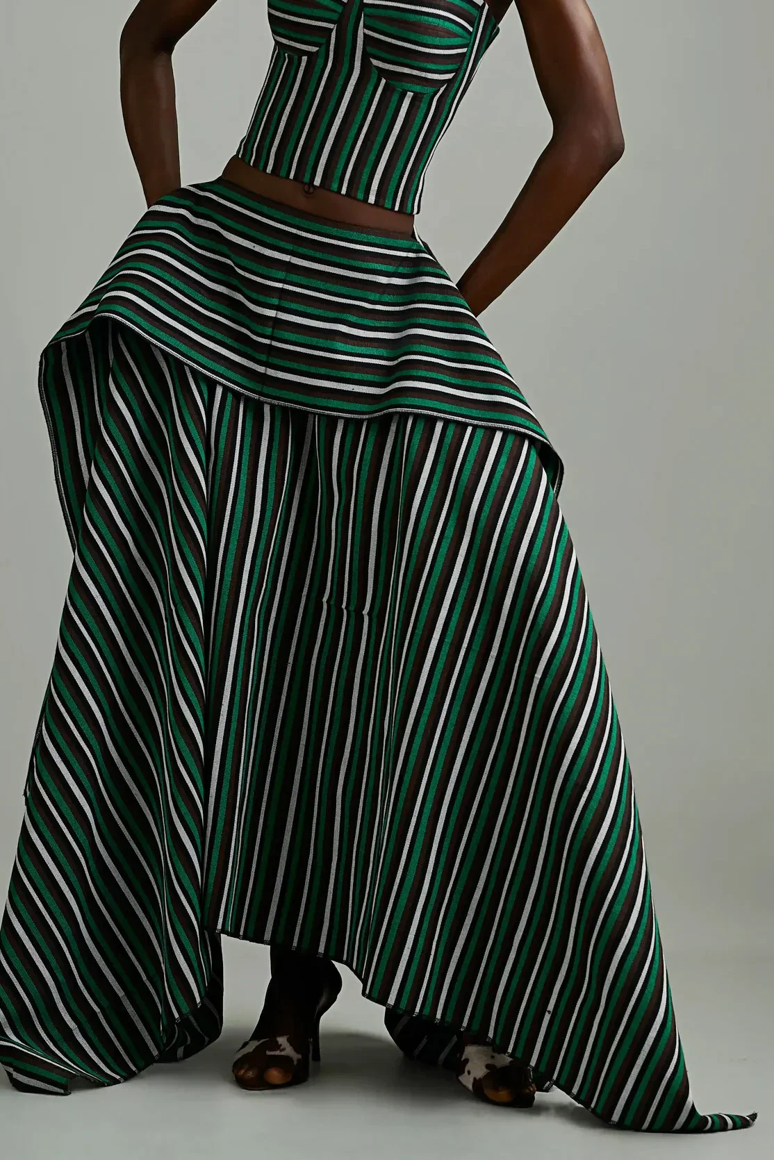 Green Striped Asymmetric High-Low Skirt